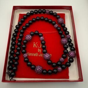 Kenneth Jay Lane KJL Black Bead & purple Crystal Statement Necklace Designer New